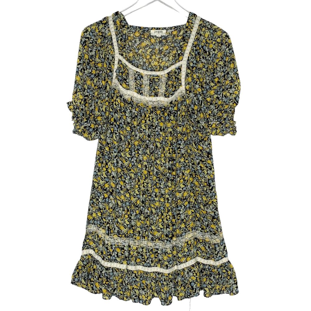 Umgee S Down Home Dress Black Floral Sheer Retro 70s Cottage Babydoll